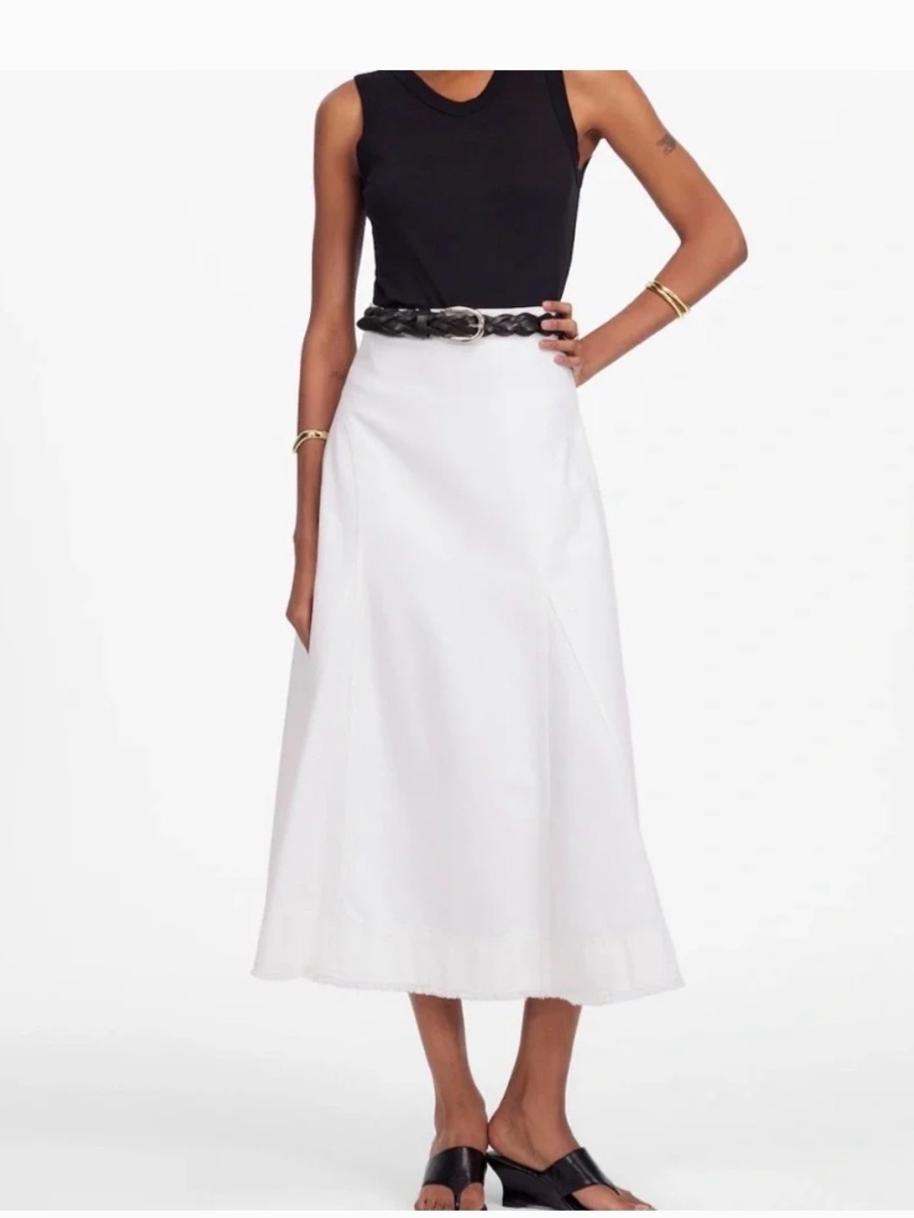 NWT Madewell Fluted Midi Skirt Tile White Cotton Frayed Hem Zip Back Flared 26